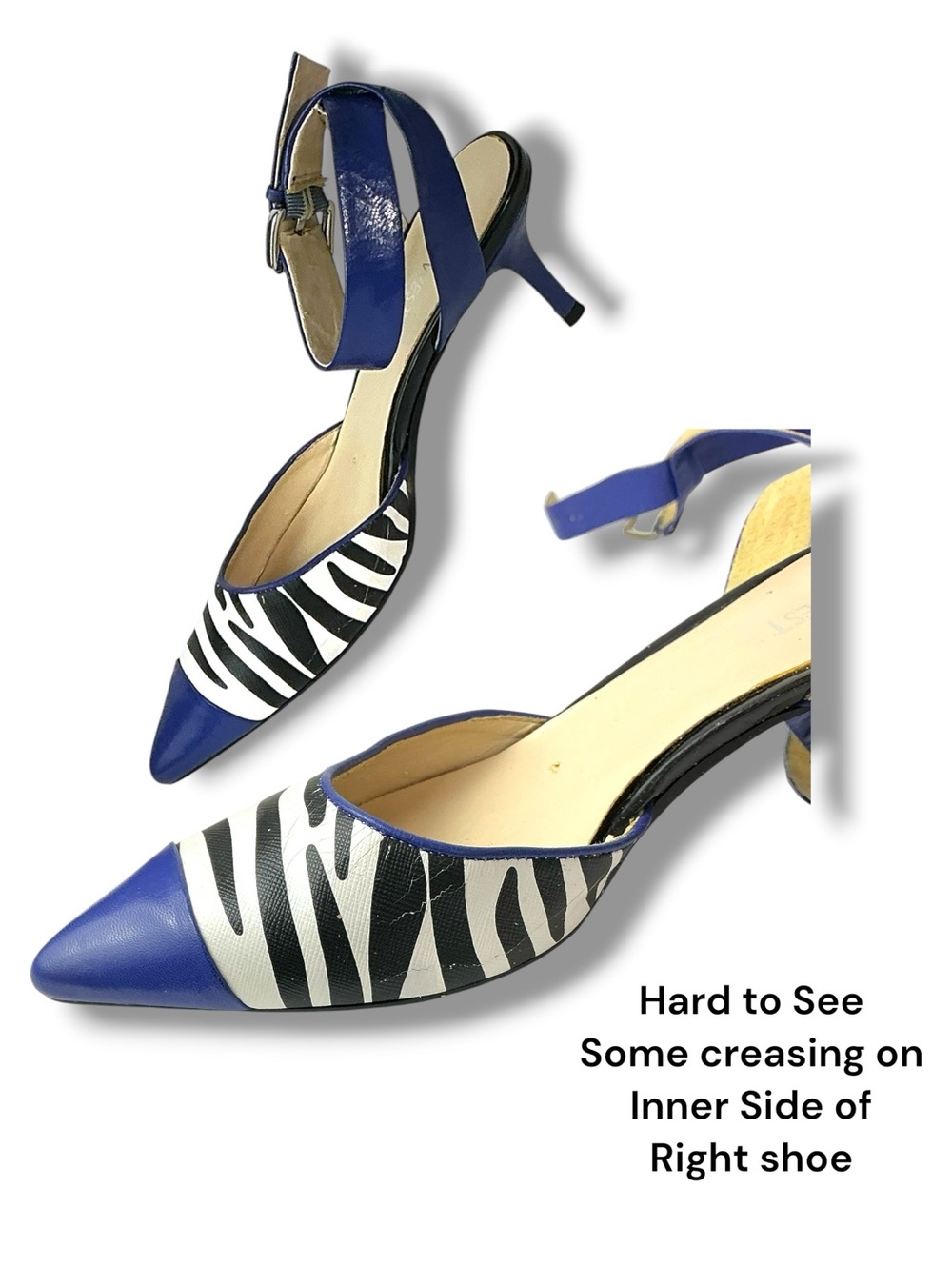 Nine West Zebra Print Pointed Toe Ankle Strap Pump 2” Kitten Heel Blue Black 6 - Picture 14 of 16